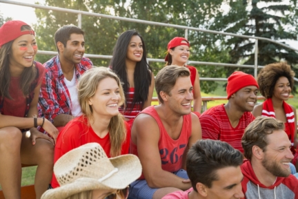 friends laughing at sporting eve