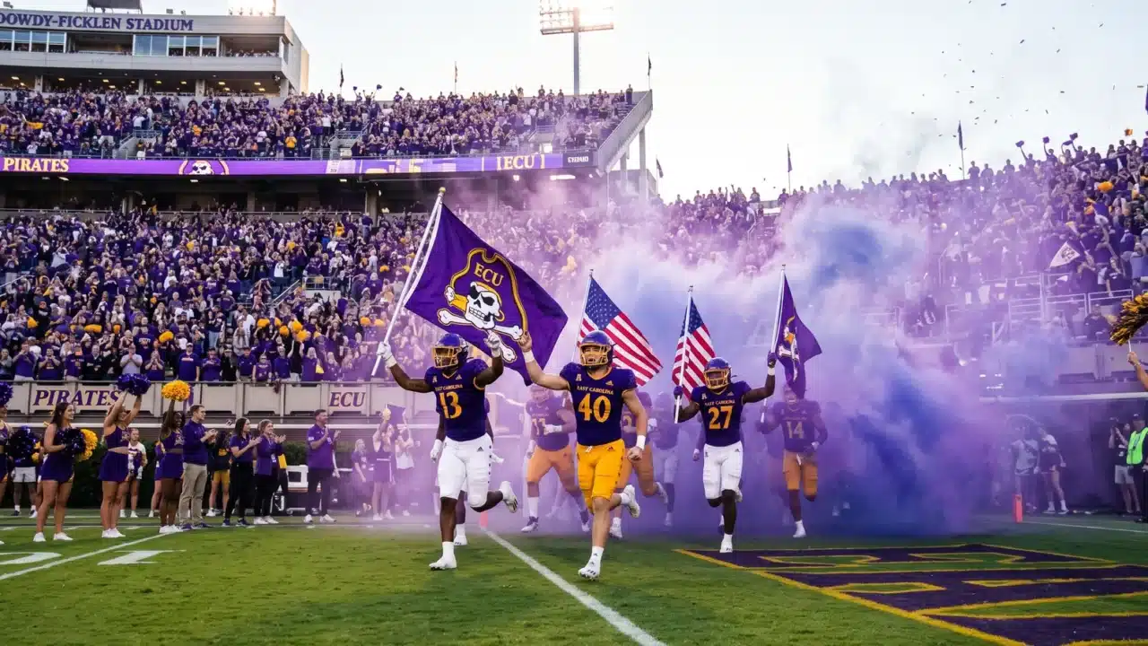East Carolina University sports programs: Pirates football players run through purple smoke onto the field at Dowdy-Ficklen Stadium