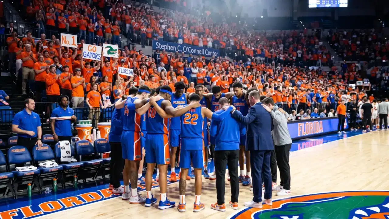 Florida Gators basketball players huddle courtside before tip-off as the preseason No. 1 team in front of a packed arena